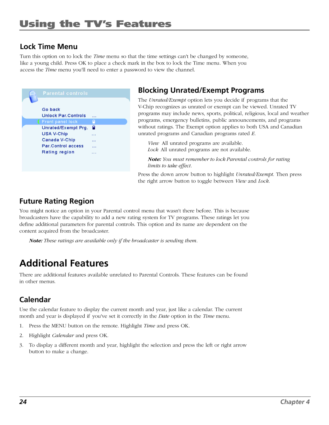 RCA J26L637 manual Additional Features, Lock Time Menu, Blocking Unrated/Exempt Programs, Future Rating Region, Calendar 