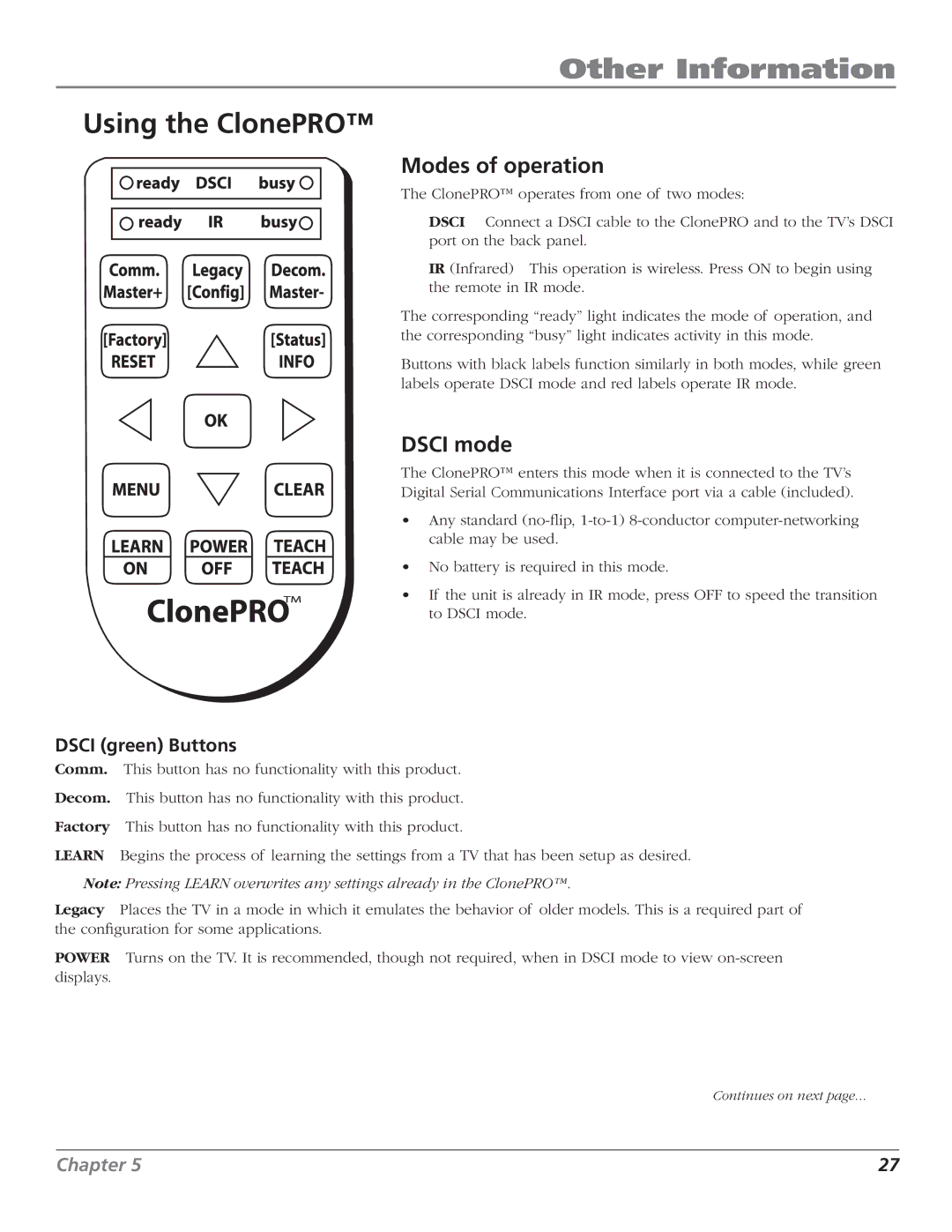 RCA J26L637L manual Other Information, Using the ClonePRO, Modes of operation, Dsci mode, Dsci green Buttons 