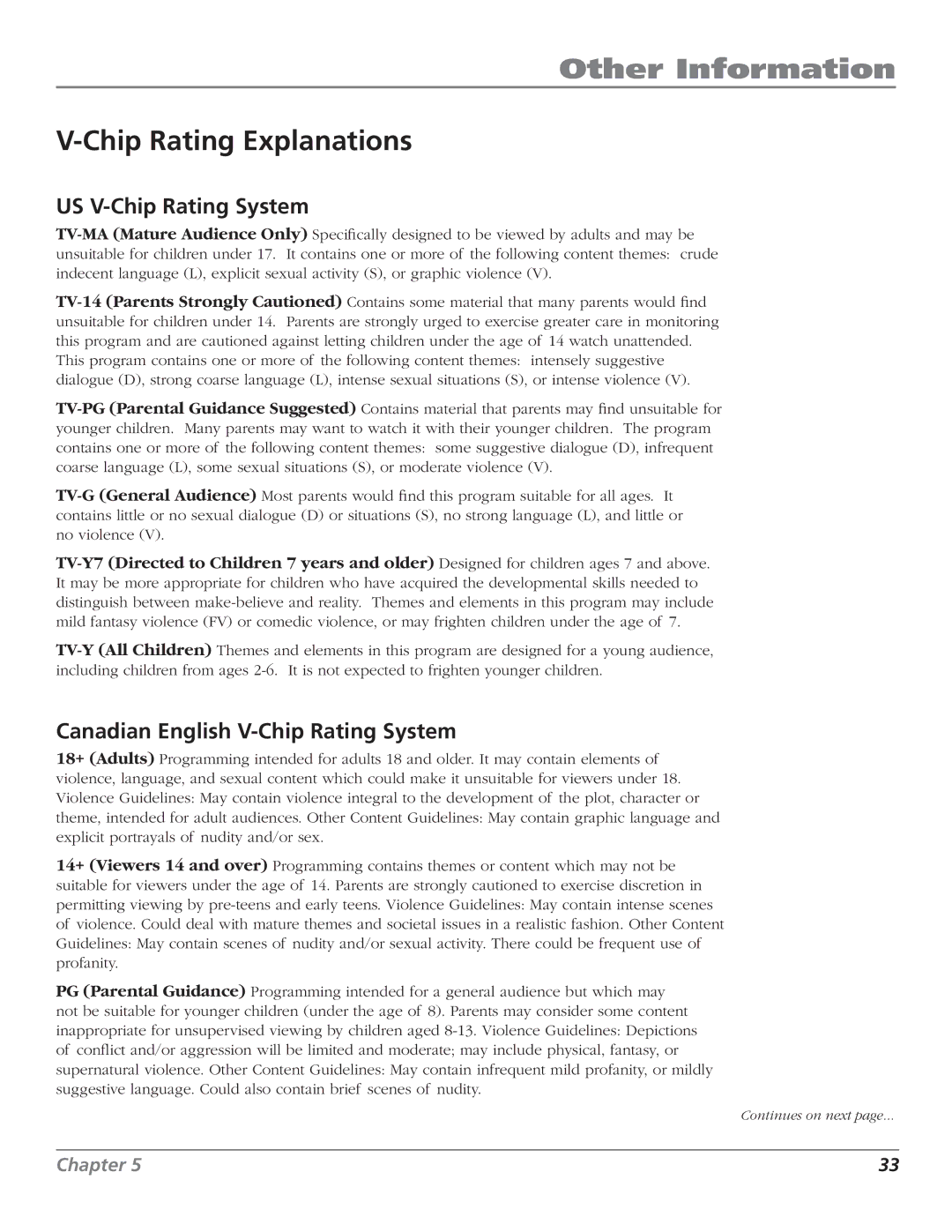 RCA J26L637L manual Chip Rating Explanations, US V-Chip Rating System, Canadian English V-Chip Rating System 