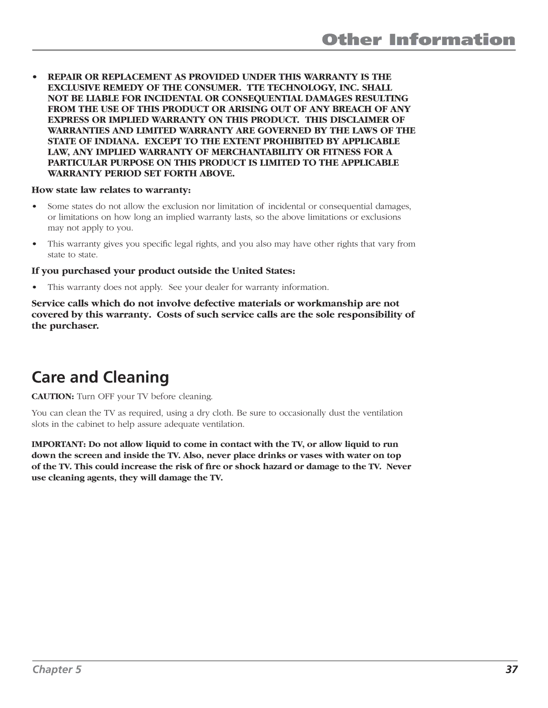 RCA J26L637L manual Care and Cleaning, How state law relates to warranty 