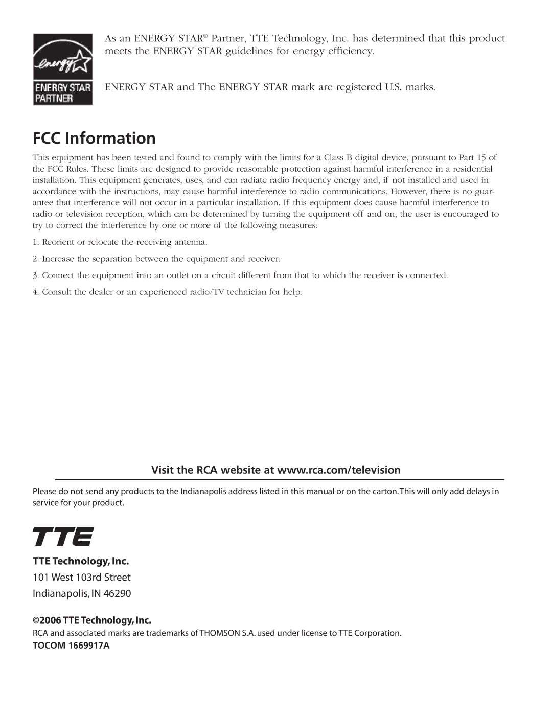 RCA J26L637L manual FCC Information, TTE Technology, Inc 