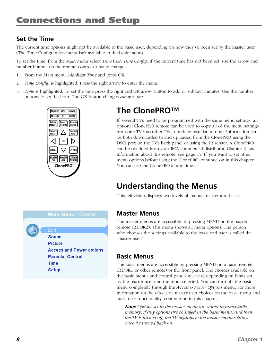 RCA J26L637L manual ClonePRO, Understanding the Menus, Set the Time, Master Menus, Basic Menus 