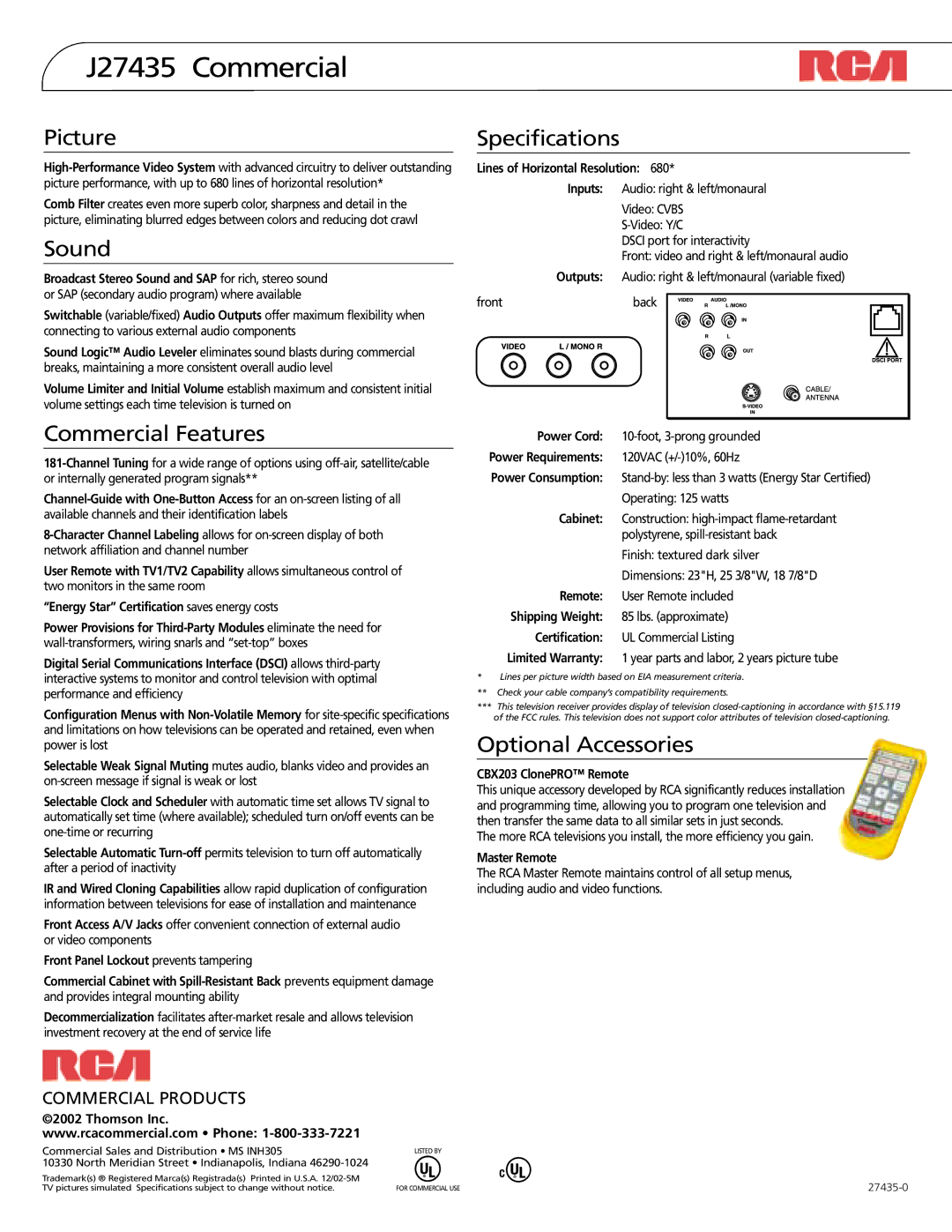 RCA J27435 manual Picture, Sound, Commercial Features, Specifications, Optional Accessories 