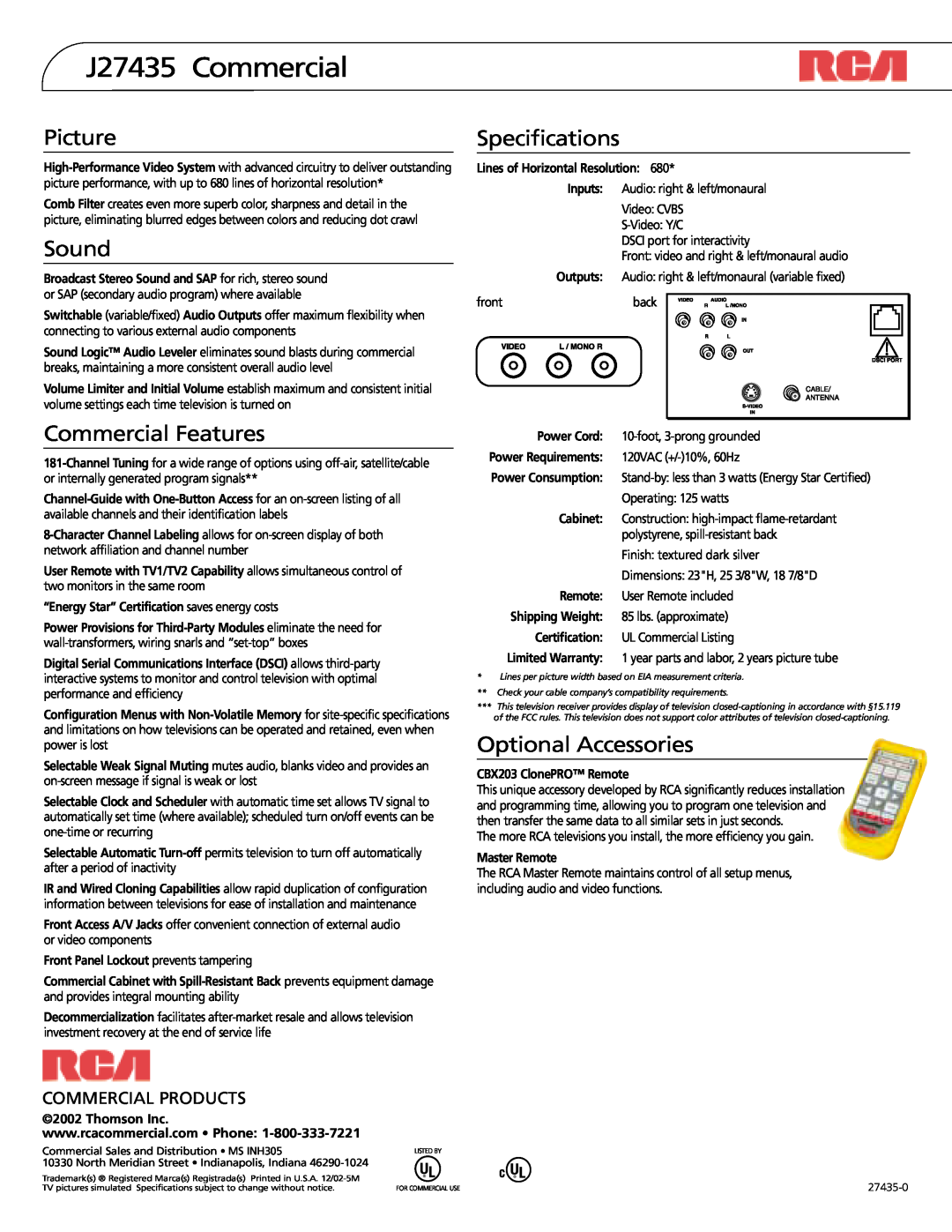 RCA J27435 Commercial, Picture, Sound, Commercial Features, Specifications, Optional Accessories, Commercial Products 