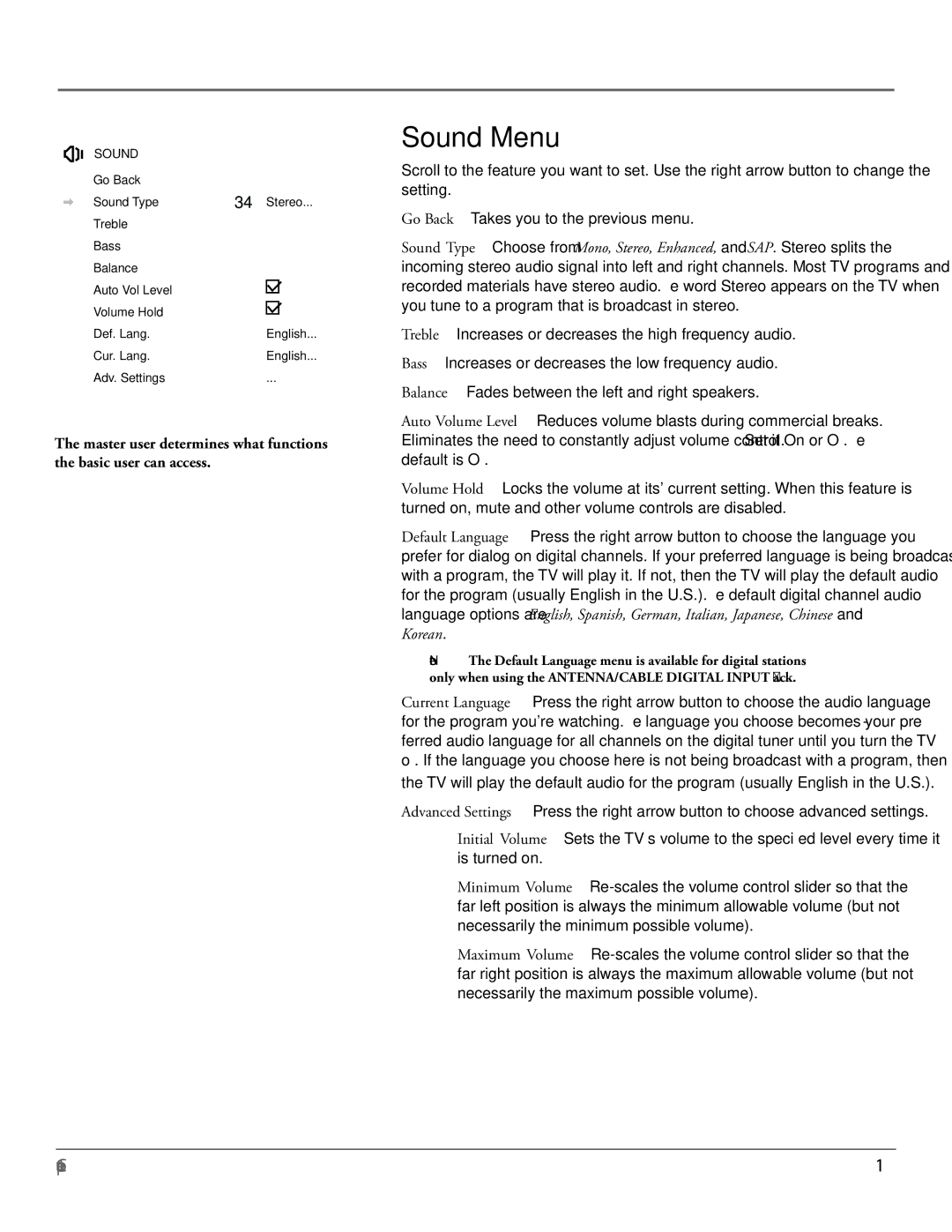 RCA J27F636 manual Sound Menu 