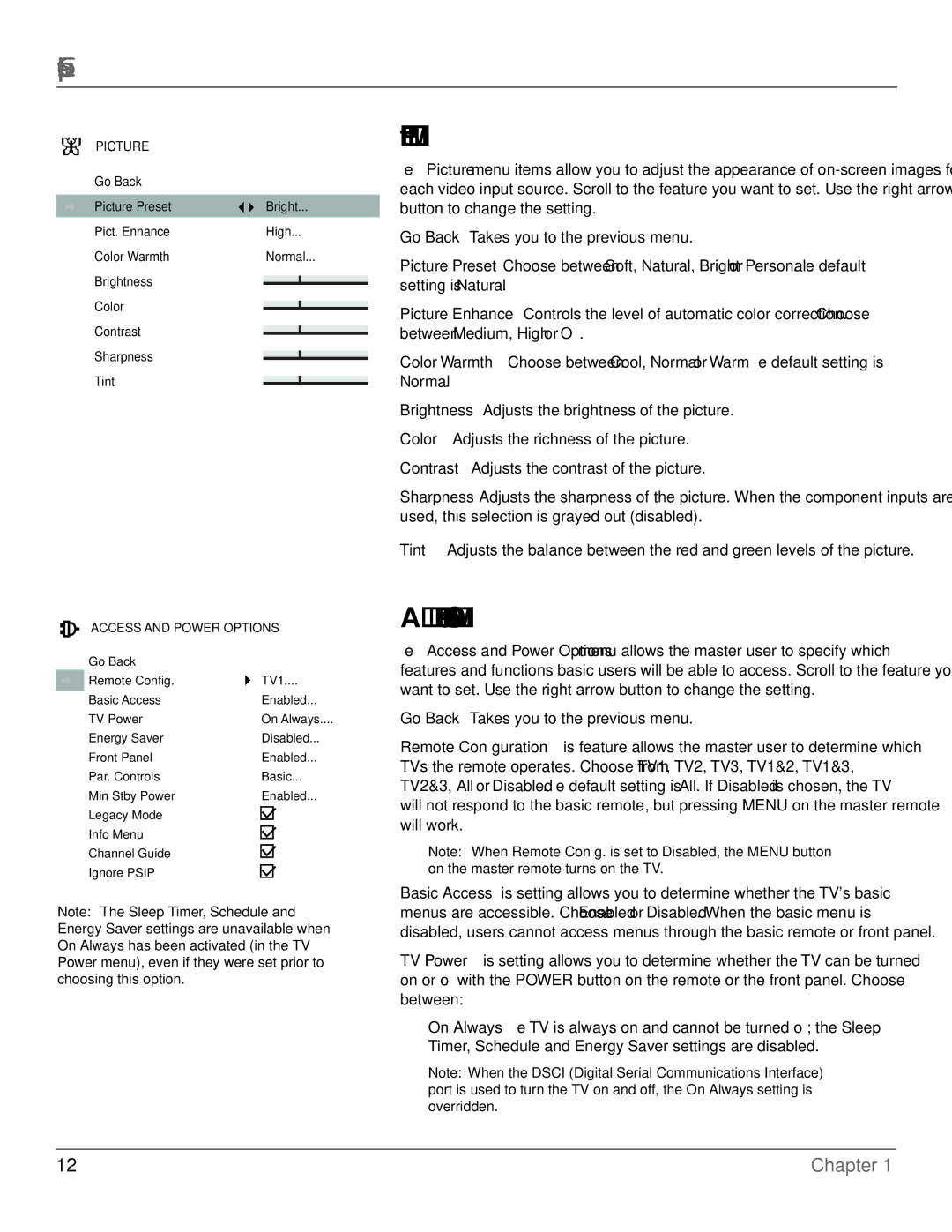 RCA J27F636 manual Picture Menu, Access and Power Options Menu 