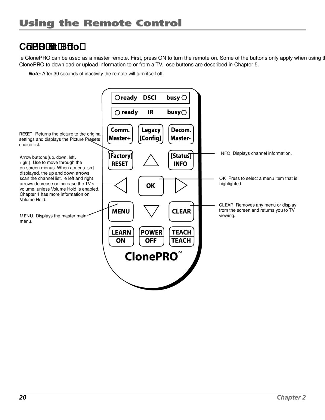 RCA J27F636 manual ClonePRO Remote Buttons 