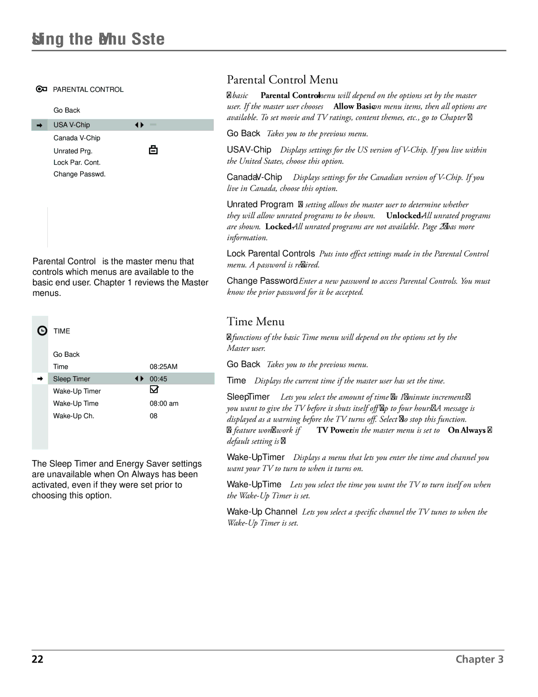 RCA J27F636 manual Using the Menu System, Parental Control Menu, Time Menu 