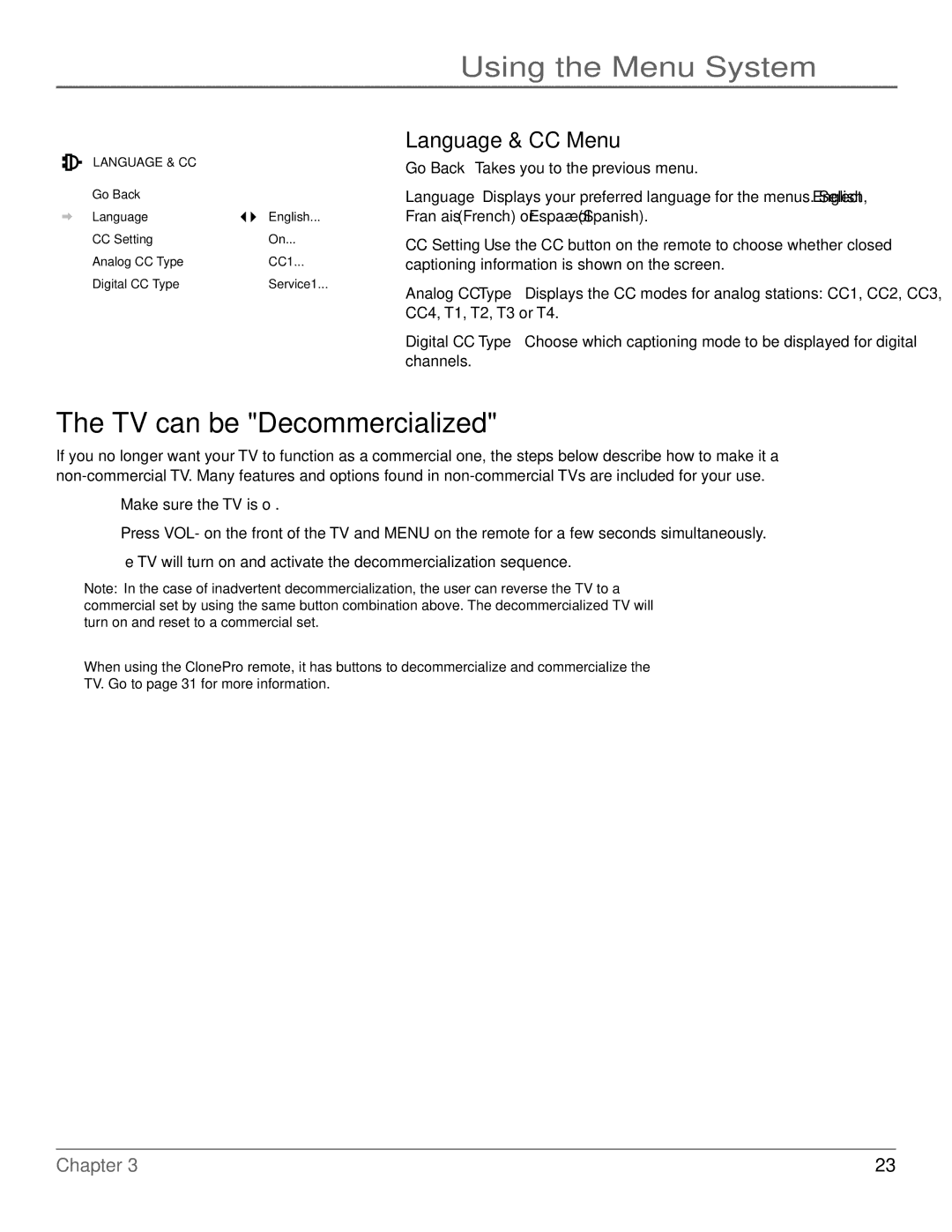 RCA J27F636 manual TV can be Decommercialized, Language & CC Menu 