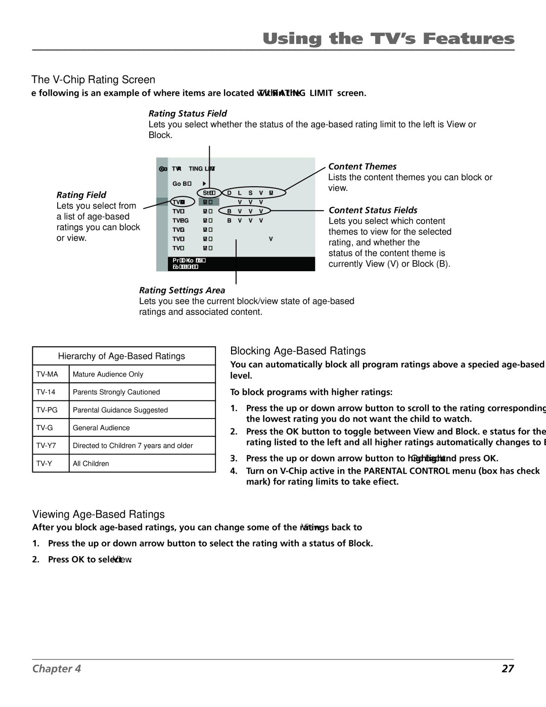 RCA J27F636 manual V-Chip Rating Screen, Blocking Age-Based Ratings, Viewing Age-Based Ratings 
