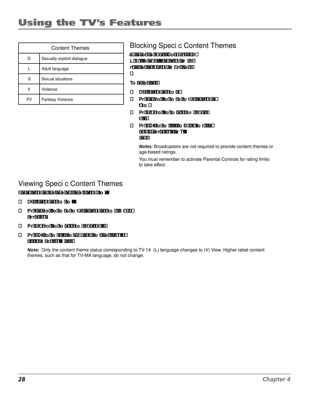 RCA J27F636 manual Blocking Specific Content Themes, Viewing Specific Content Themes 