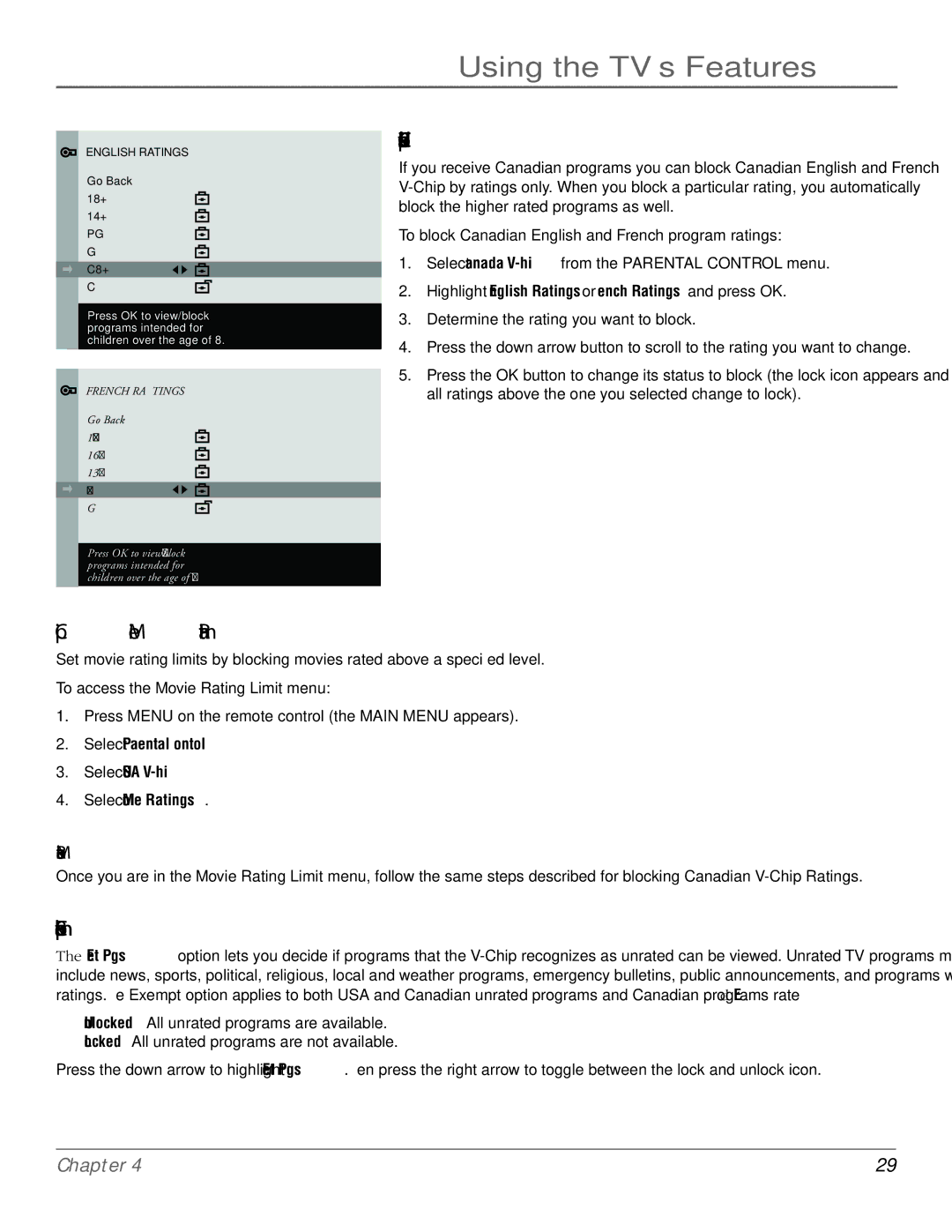 RCA J27F636 Chip Movie Rating Limit Blocking Canadian V-Chip Ratings, Chip Exempt Program Block, Blocking Movie Ratings 