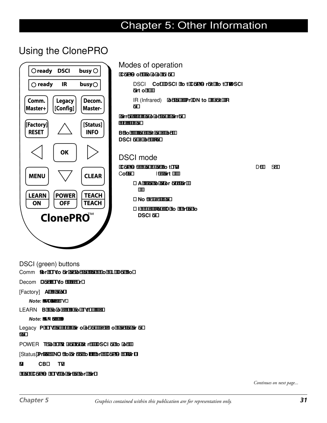 RCA J27F636 manual Using the ClonePRO, Modes of operation, Dsci mode, Dsci green buttons 