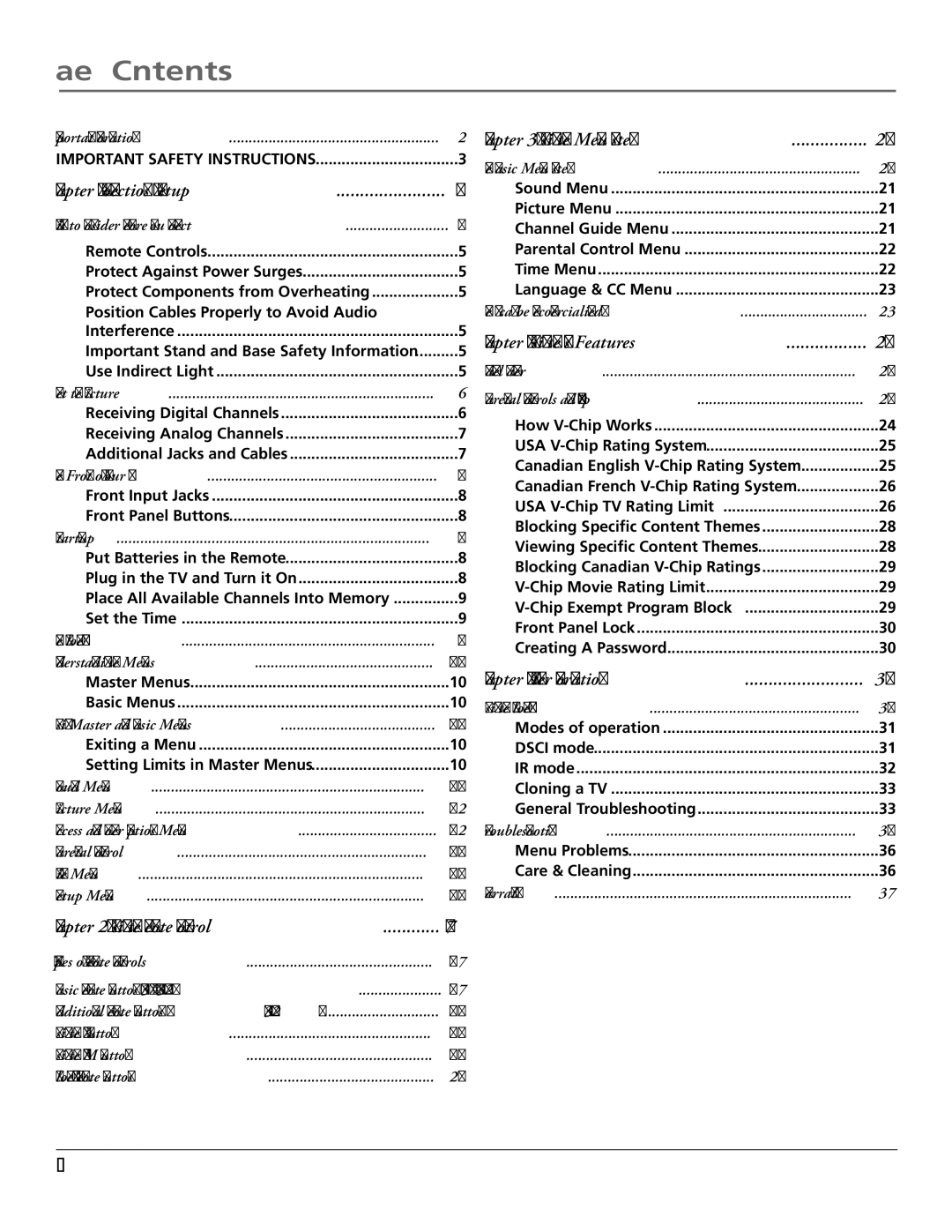 RCA J27F636 manual Table of Contents 