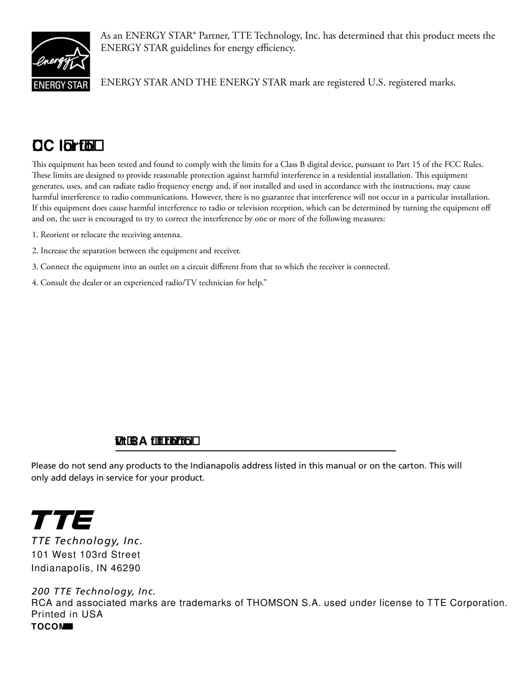 RCA J27F636 manual FCC Information, TTE Technology, Inc 