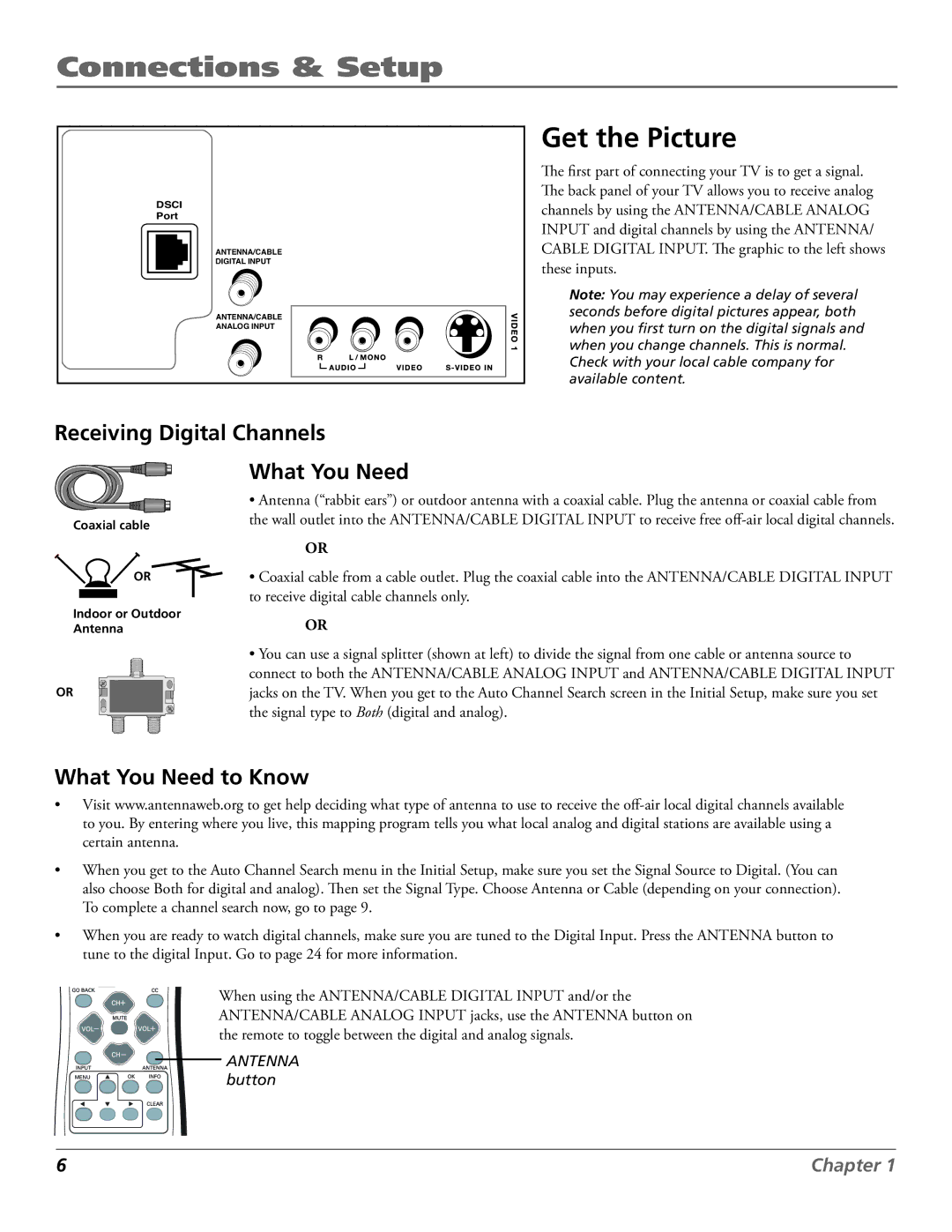 RCA J27F636 manual Connections & Setup, Get the Picture, Receiving Digital Channels, What You Need to Know 