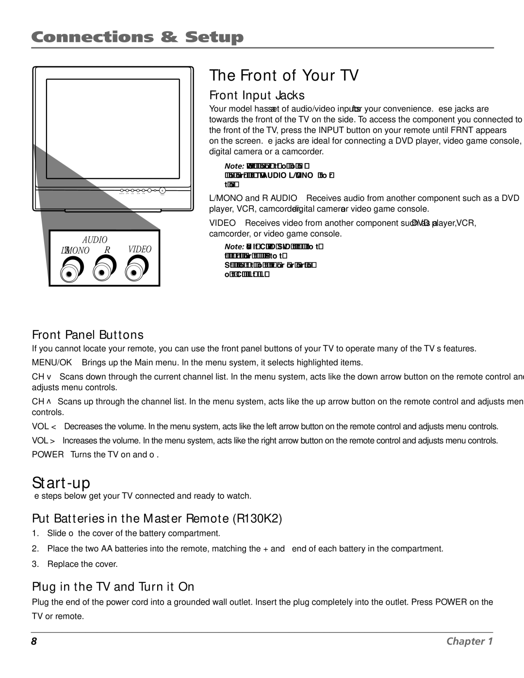 RCA J27F636 manual Front of Your TV, Start-up 