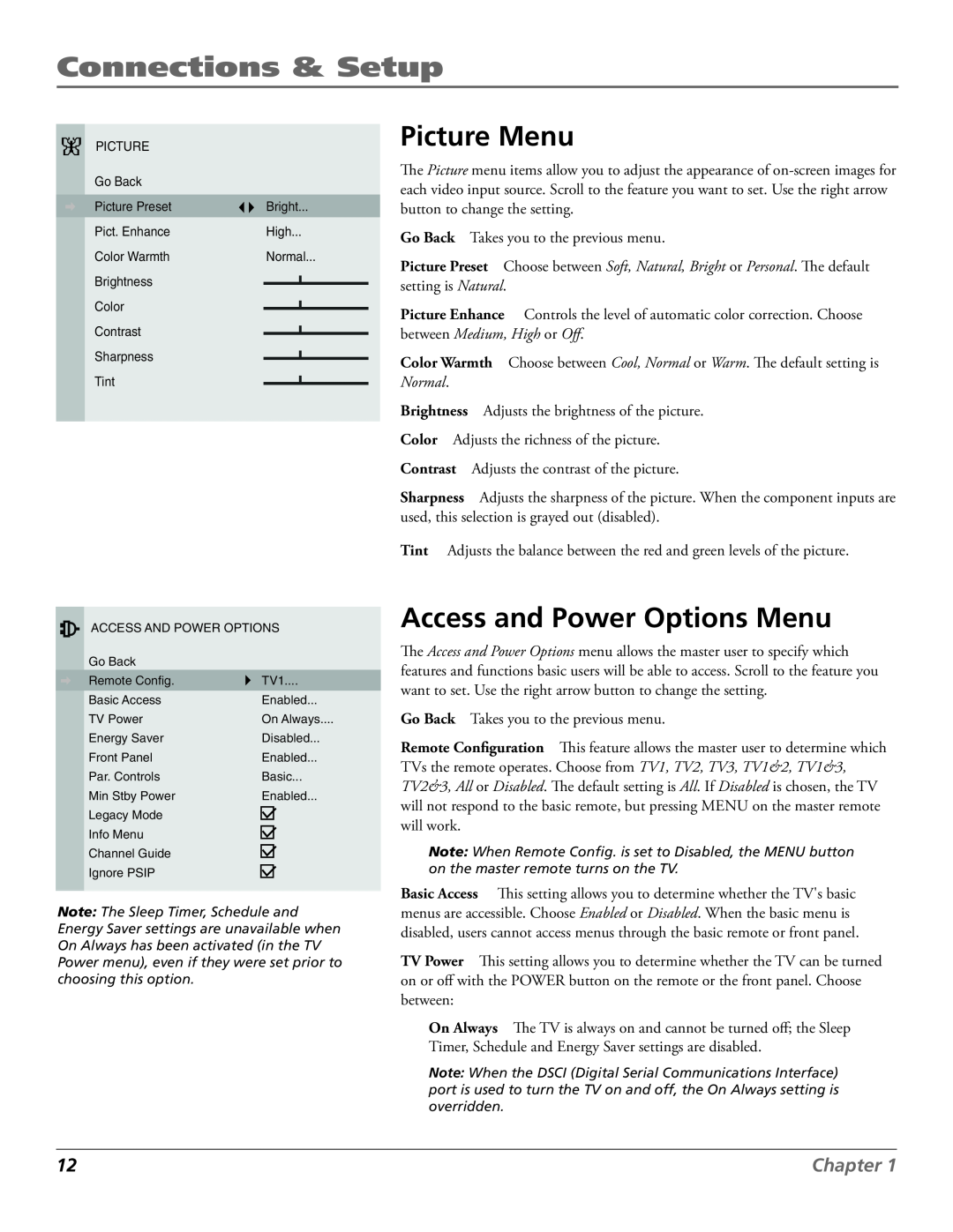 RCA J27F636 manual Picture Menu, Access and Power Options Menu, Connections & Setup, Chapter, On Always 