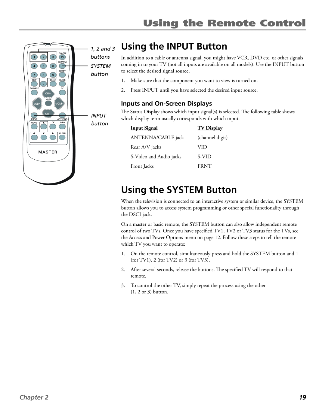 RCA J27F636 manual Using the INPUT Button, Using the SYSTEM Button, Inputs and On-Screen Displays, Using the Remote Control 