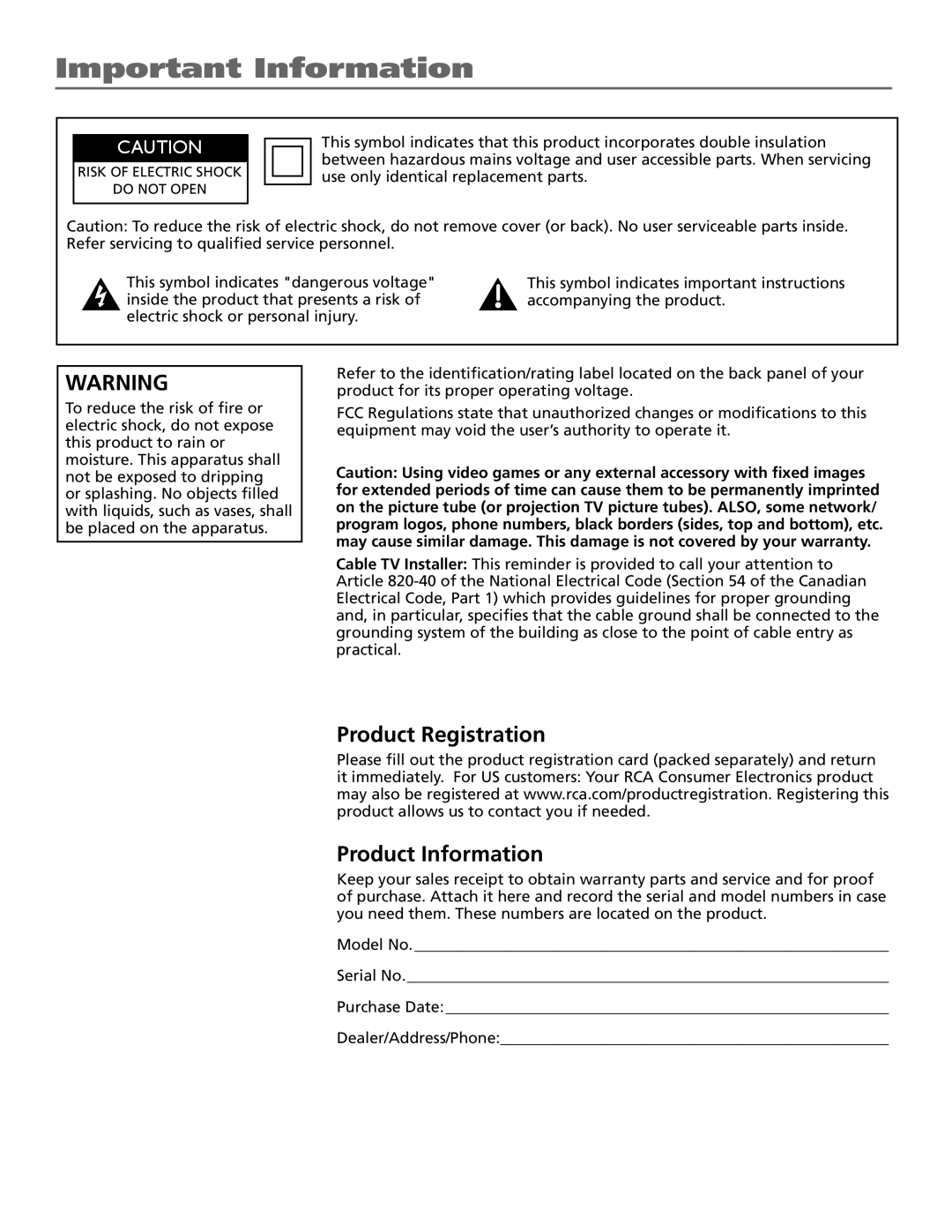 RCA J27F636 manual Important Information, Product Registration, Product Information 