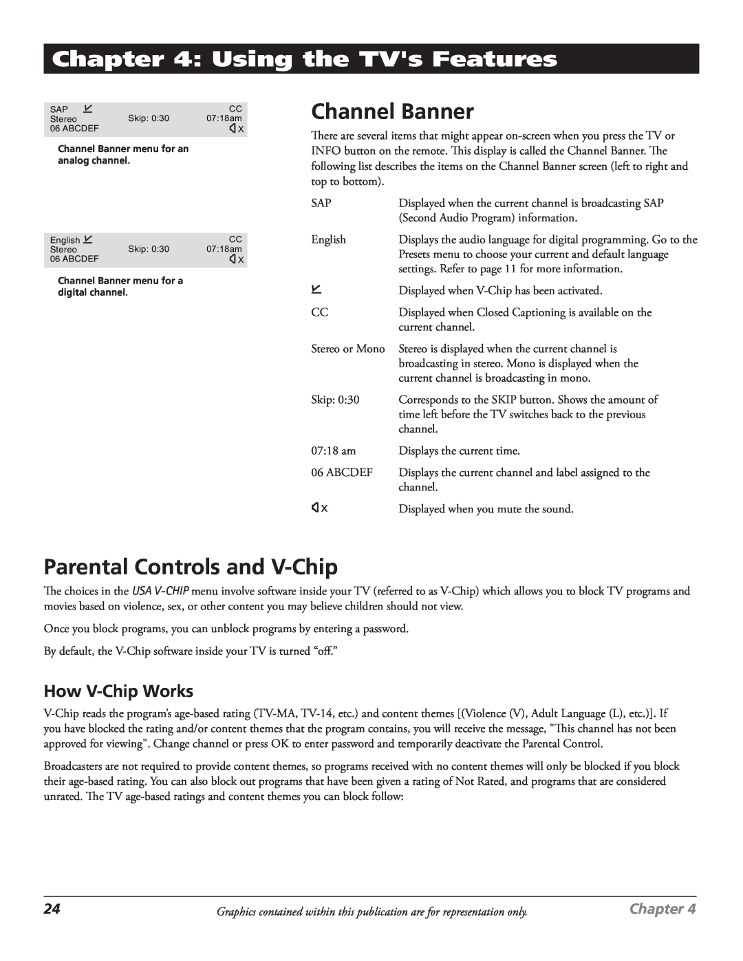 RCA J27F636 manual Using the TVs Features, Channel Banner, Parental Controls and V-Chip, How V-Chip Works, Chapter 