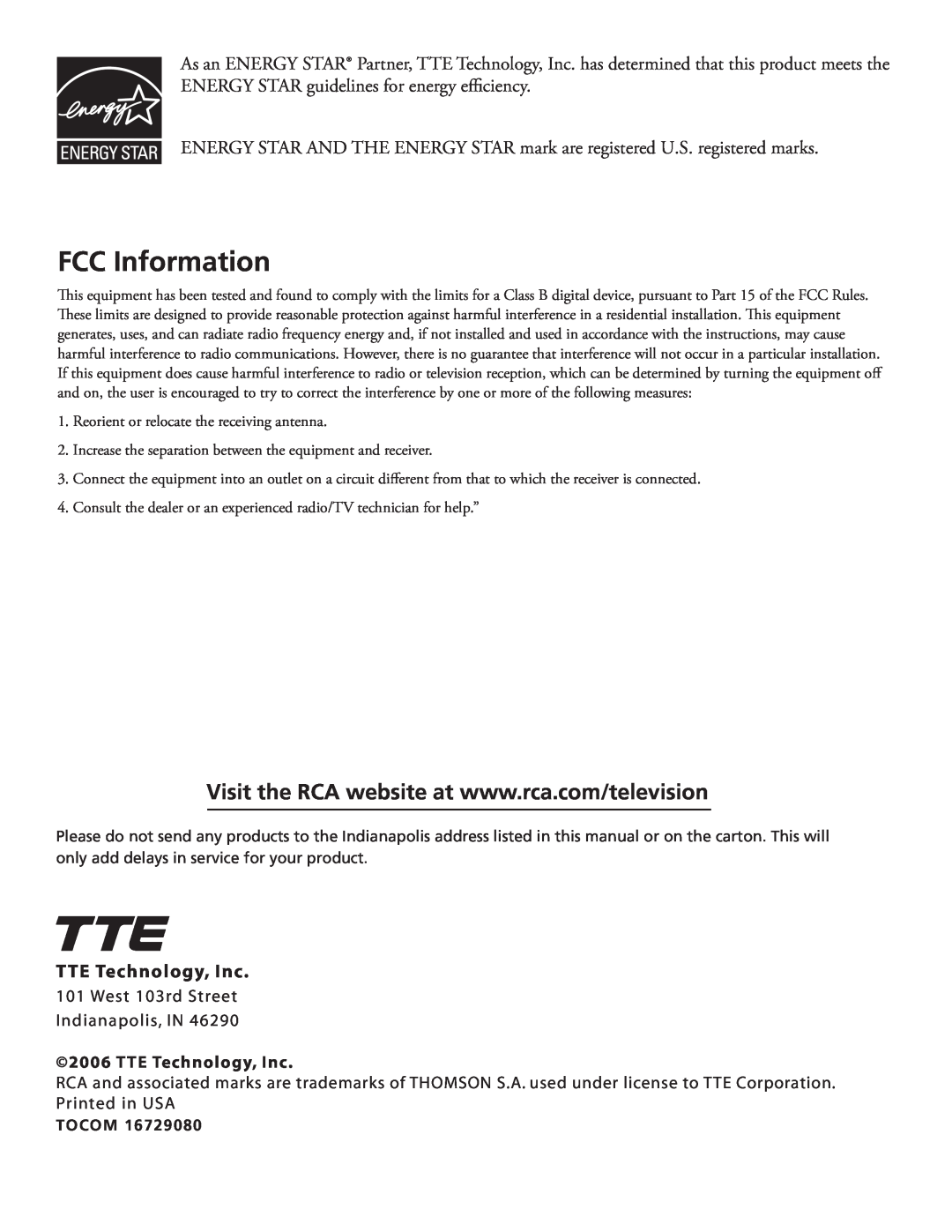 RCA J27F636 manual FCC Information, TTE Technology, Inc 