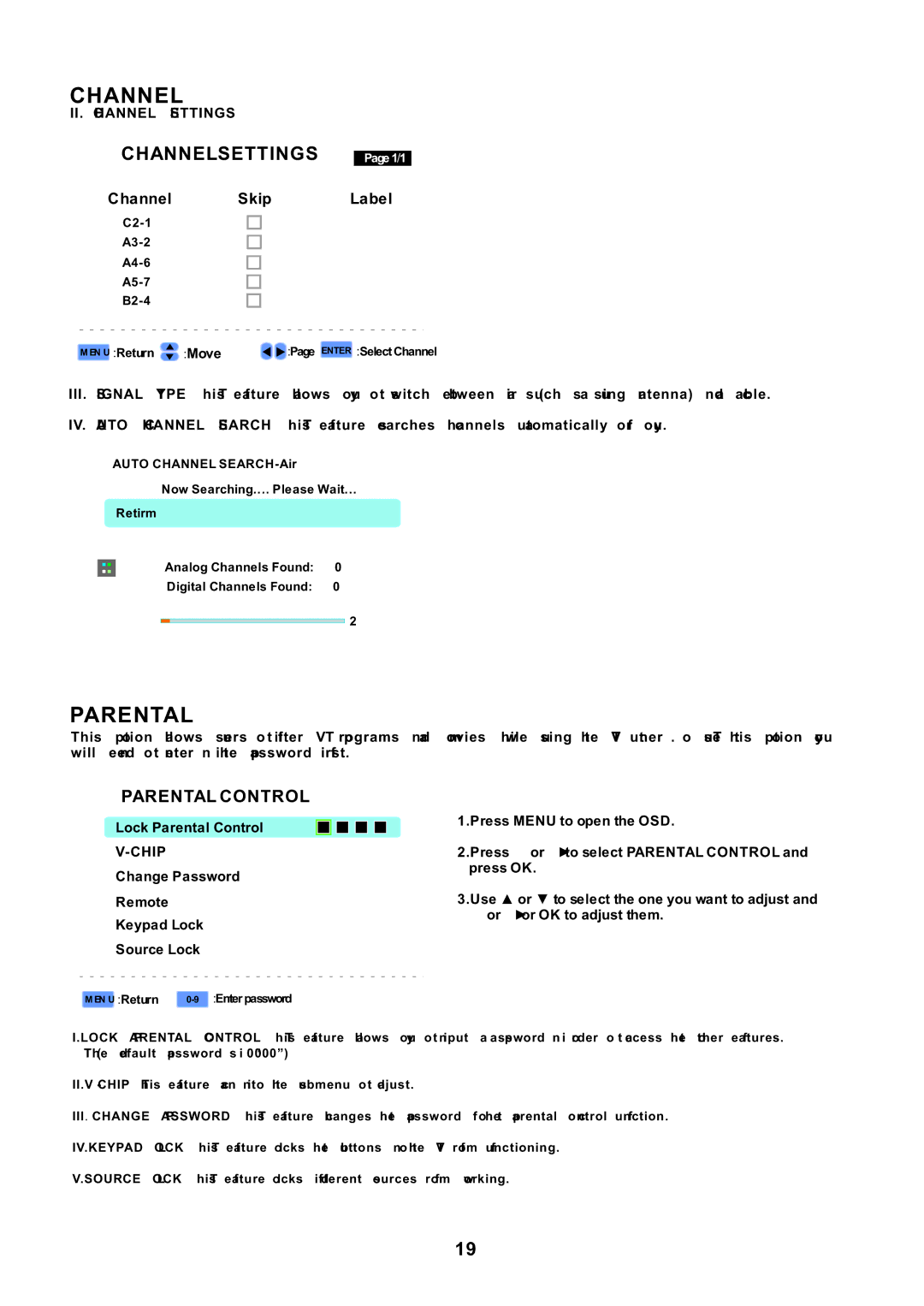 RCA J32BE220 user manual Parental, Channelsettings 