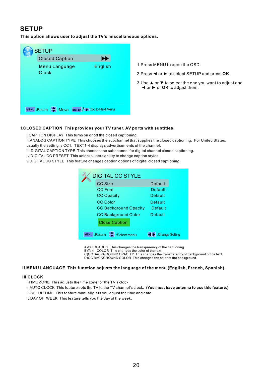 RCA J32BE220 user manual Setup, Digital CC Style 