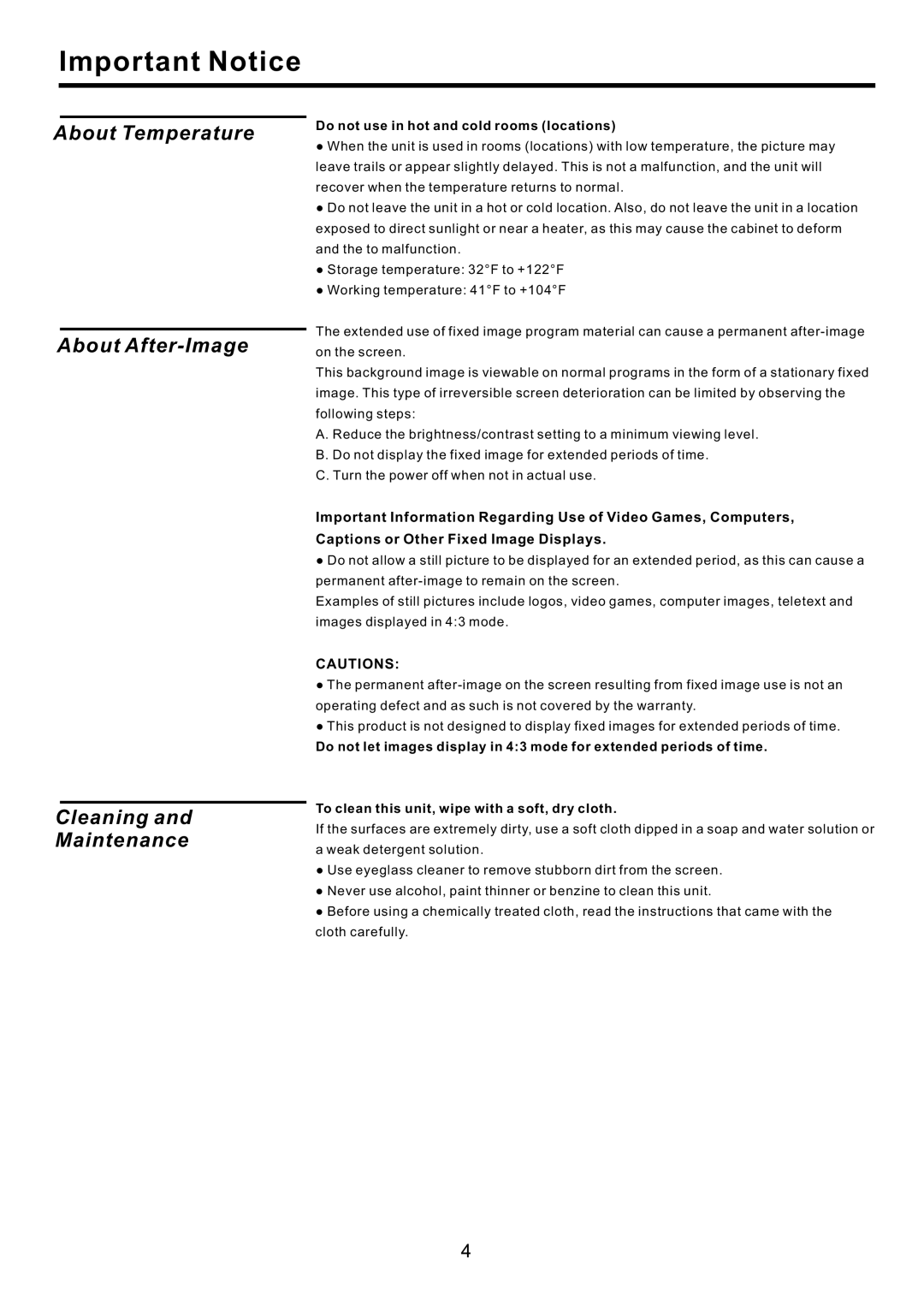 RCA J32BE220 user manual Important Notice, About Temperature About After-Image Cleaning Maintenance 