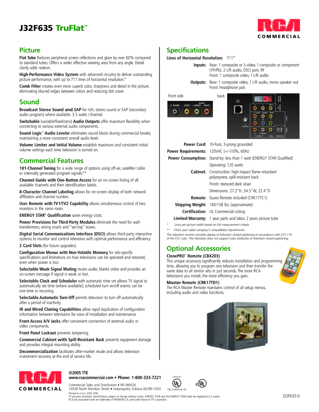 RCA J32F635 manual Picture, Sound, Commercial Features, Specifications, Optional Accessories 