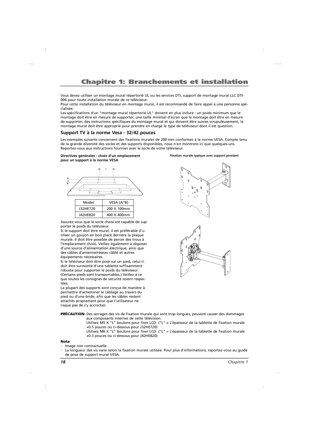 RCA J42HE820, J32HE720, J26HE820 manual Support TV à la norme Vesa 32/42 pouces, Directives générales choix d’un emplacement 