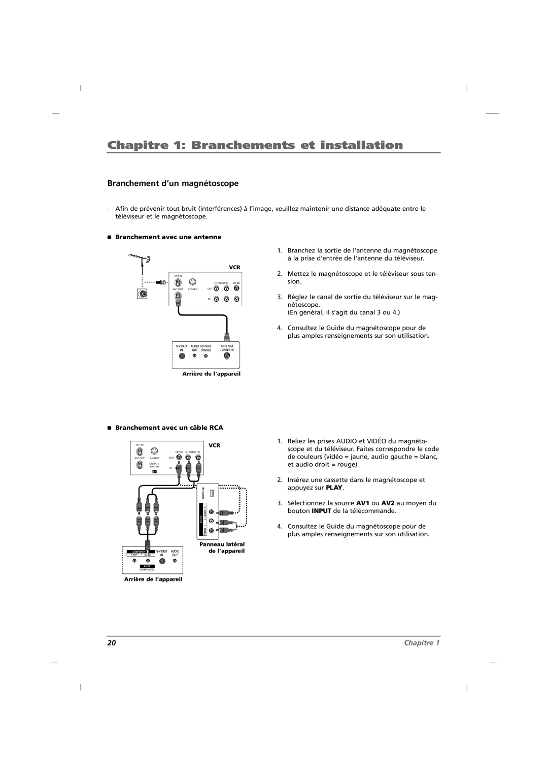 RCA J32HE720, J42HE820, J26HE820 Branchement d’un magnétoscope, Branchement avec une antenne, Branchement avec un câble RCA 