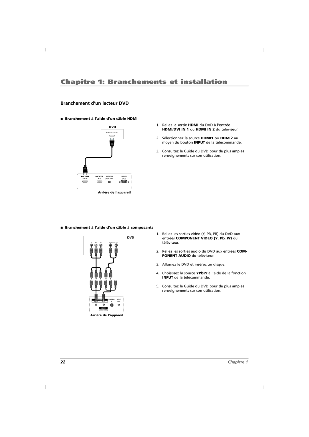 RCA J26HE820 Branchement d’un lecteur DVD, Branchement à laide dun câble Hdmi, Branchement à laide dun câble à composants 