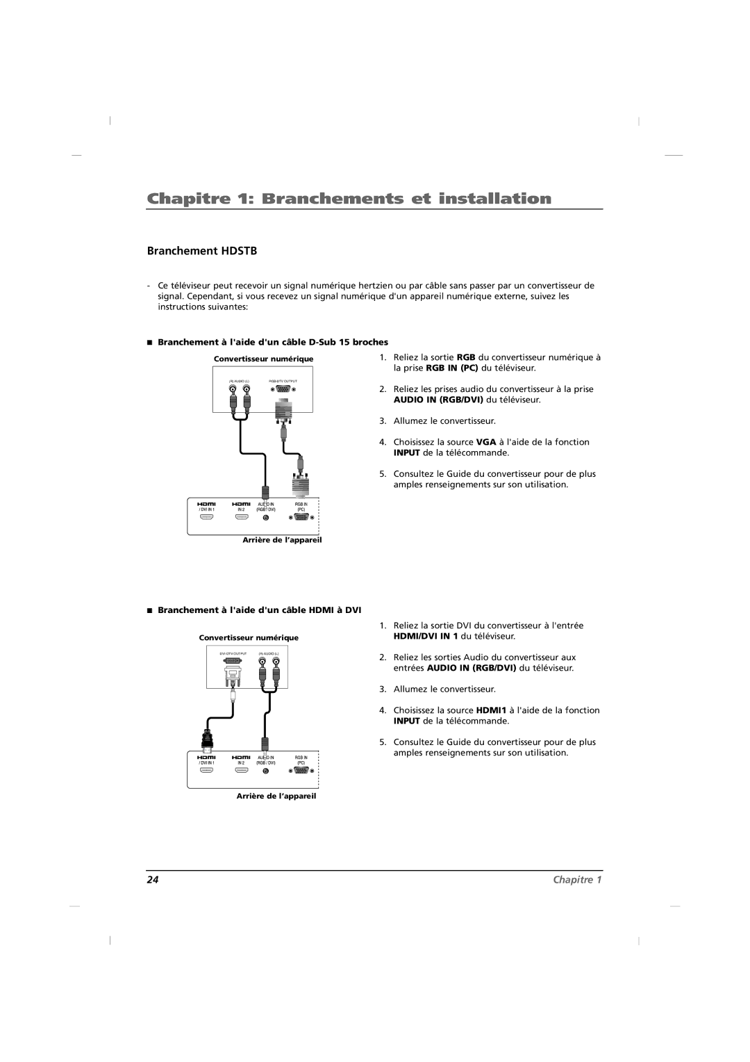 RCA J42HE820 Branchement Hdstb, Branchement à laide dun câble D-Sub 15 broches, Branchement à laide dun câble Hdmi à DVI 