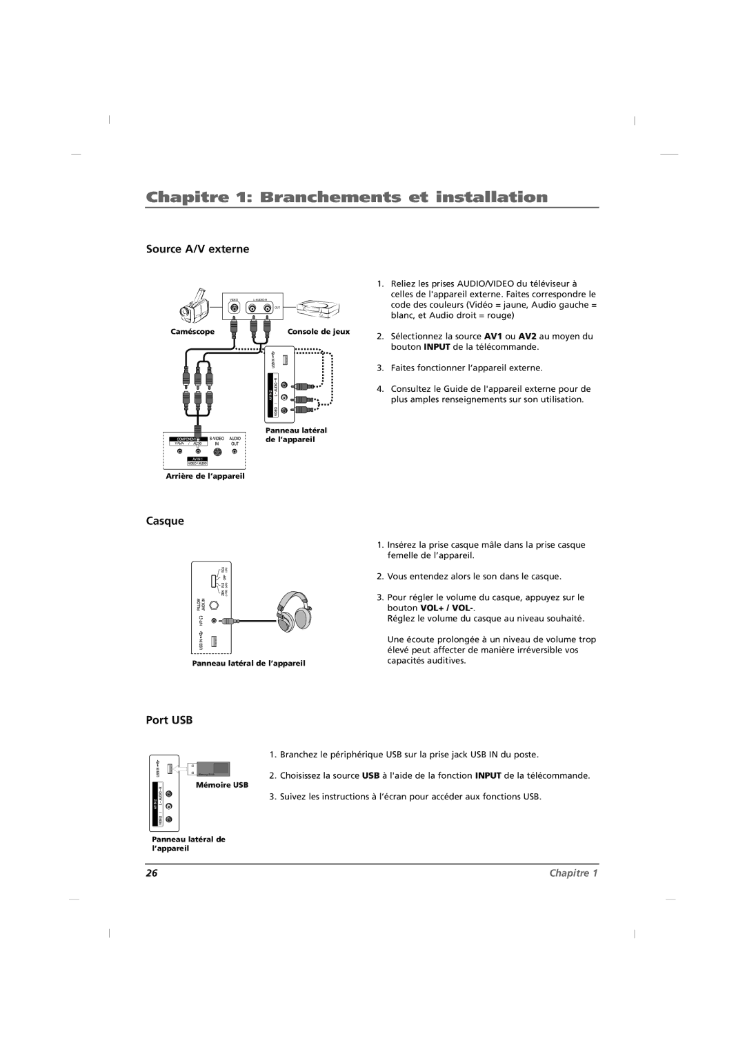 RCA J32HE720, J42HE820, J26HE820 manual Source A/V externe, Casque, Port USB 