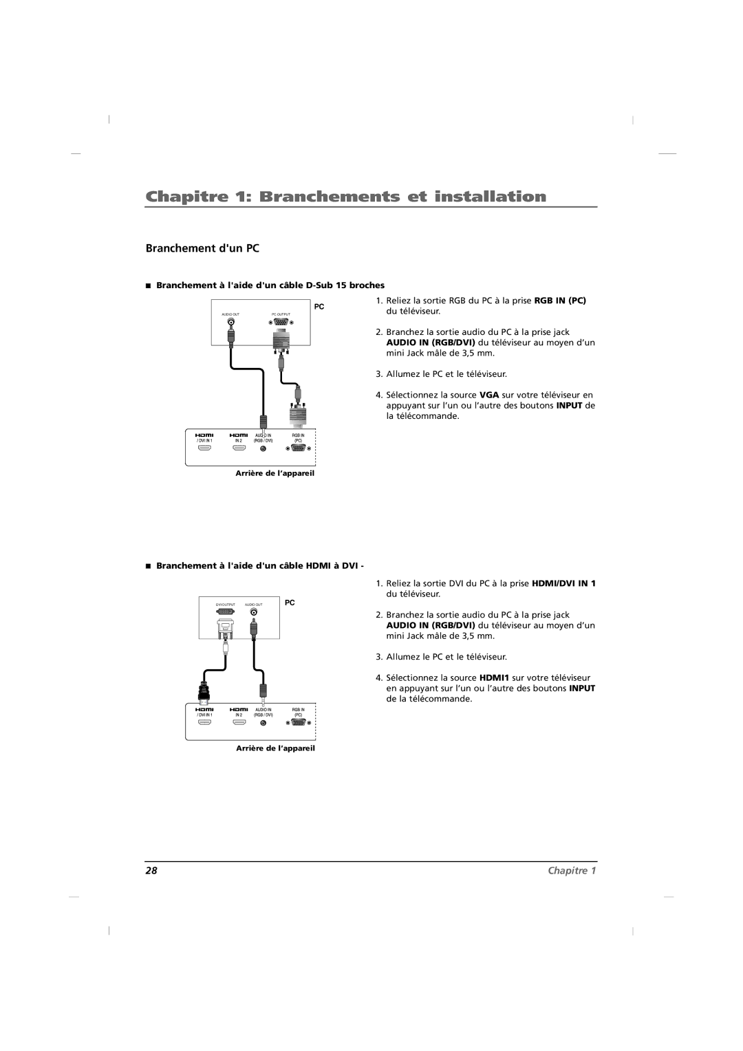 RCA J26HE820, J32HE720, J42HE820 manual Branchement dun PC, Branchement à laide dun câble D-Sub 15 broches 