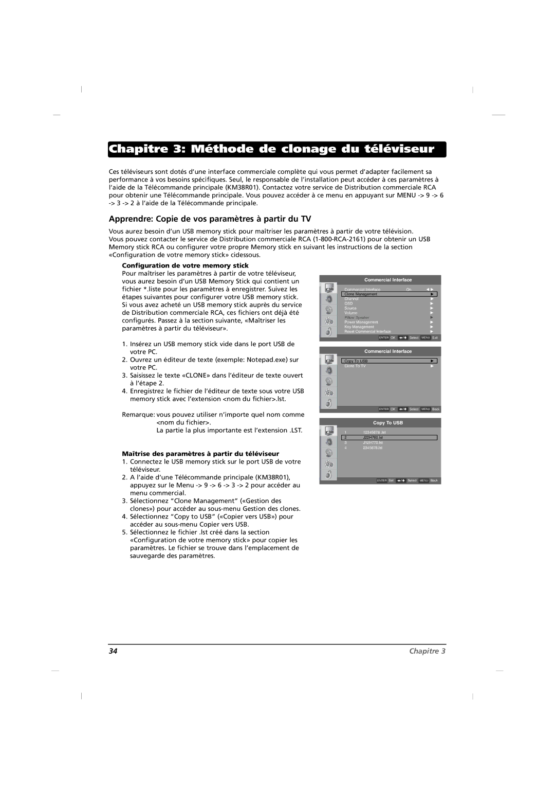 RCA J26HE820, J32HE720 manual Chapitre 3 Méthode de clonage du téléviseur, Apprendre Copie de vos paramètres à partir du TV 