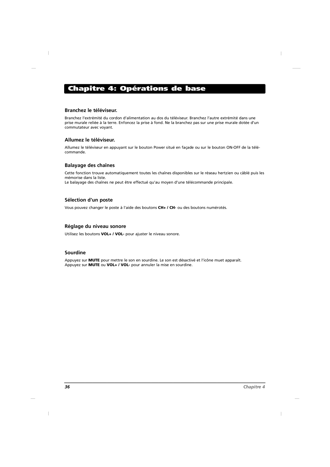 RCA J42HE820, J32HE720, J26HE820 manual Chapitre 4 Opérations de base 