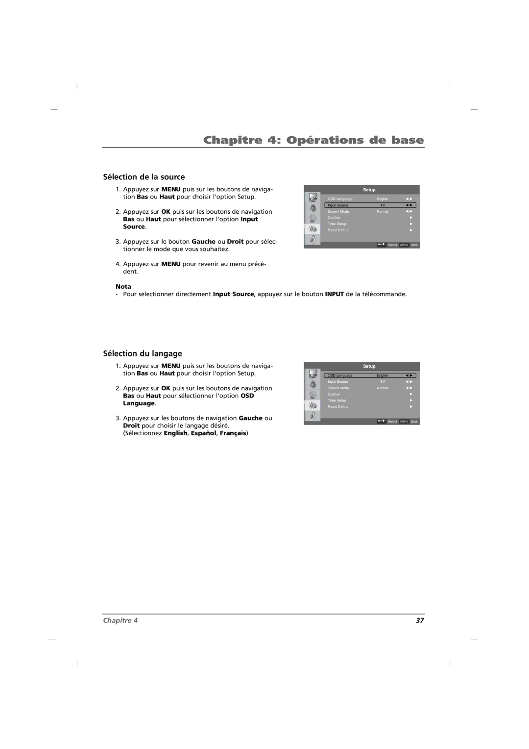 RCA J26HE820, J32HE720, J42HE820 manual Chapitre 4 Opérations de base, Sélection de la source, Sélection du langage 