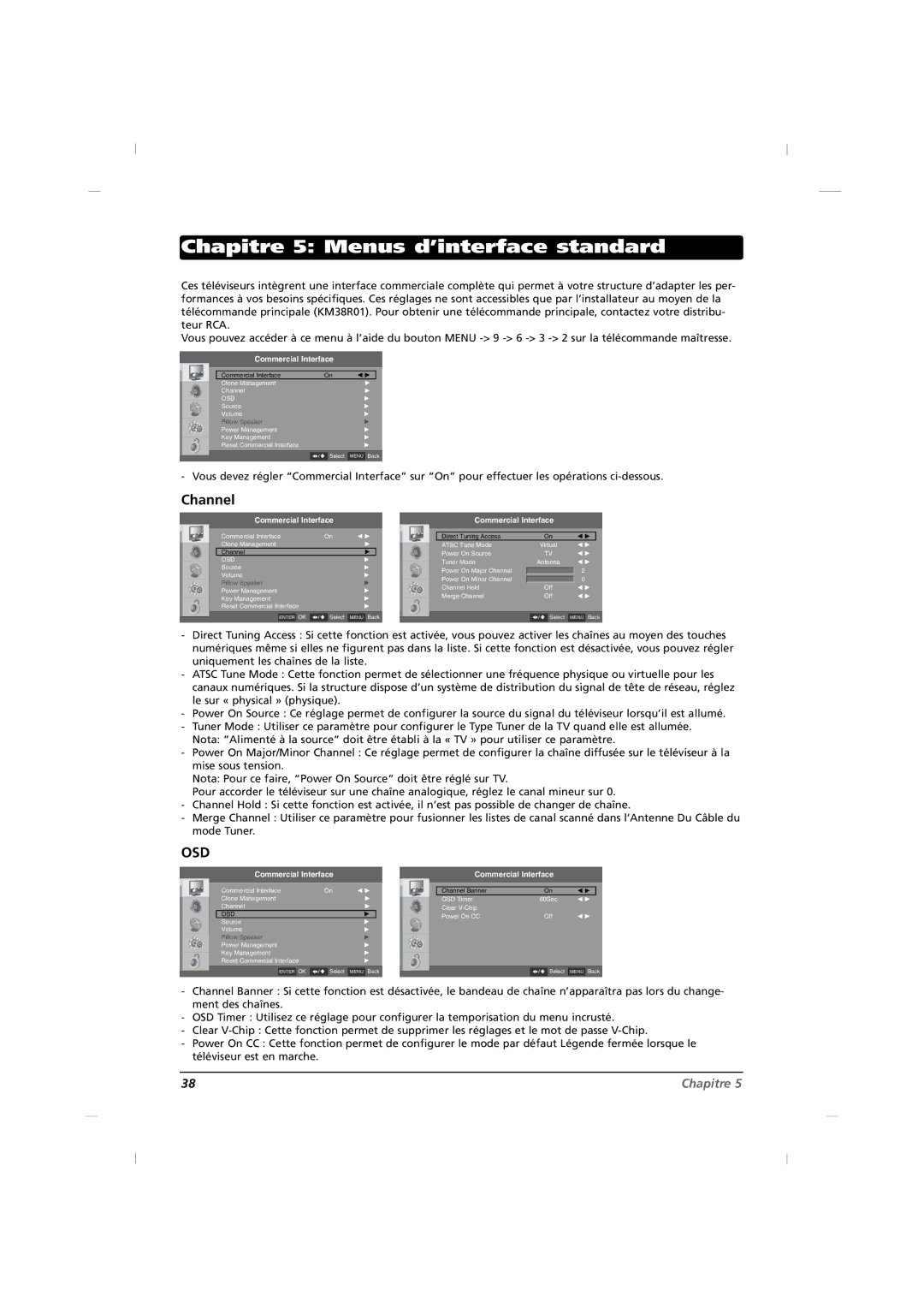 RCA J32HE720, J42HE820, J26HE820 manual Chapitre 5 Menus d’interface standard, Channel 