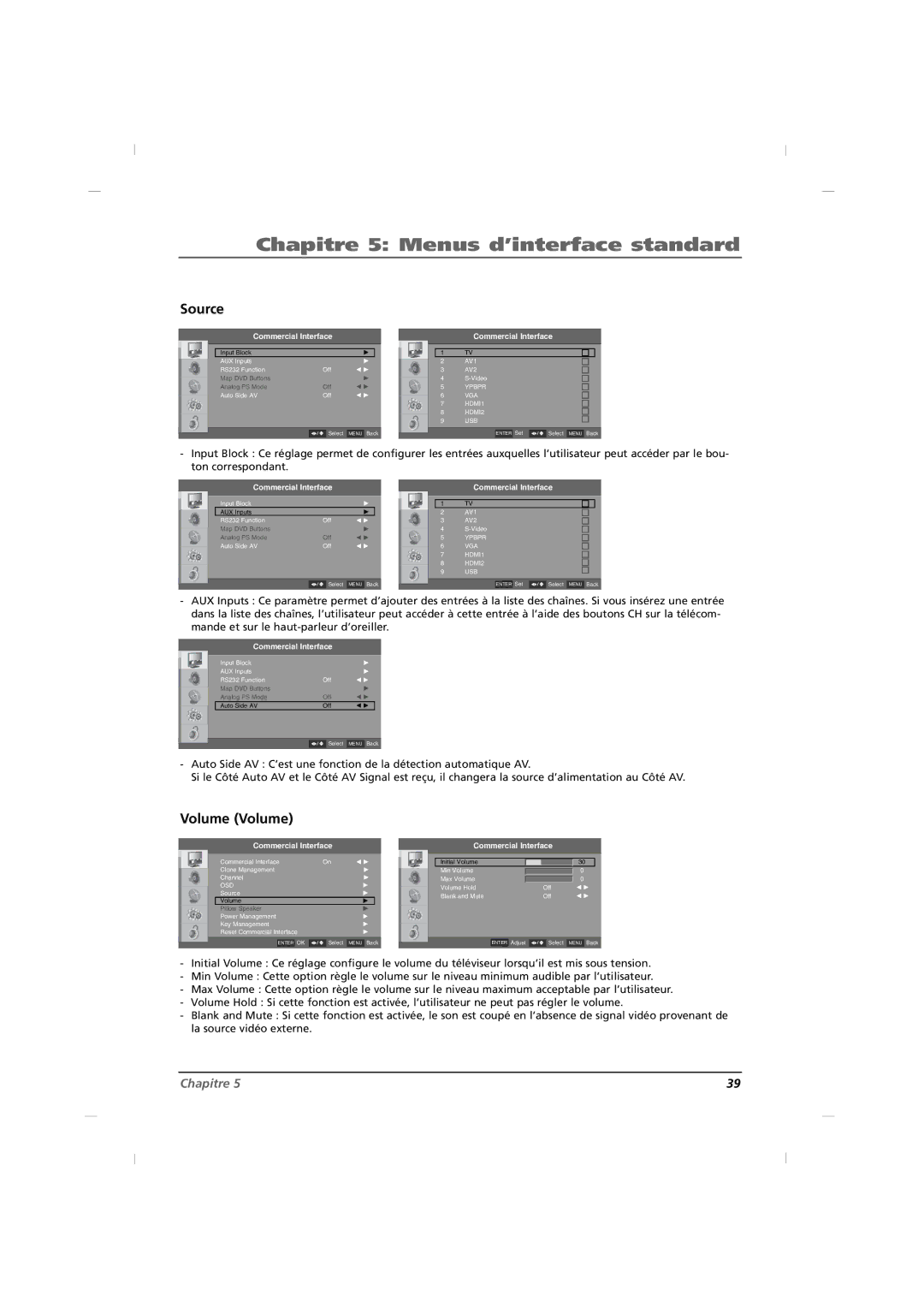 RCA J42HE820, J32HE720, J26HE820 manual Chapitre 5 Menus d’interface standard, Volume Volume 