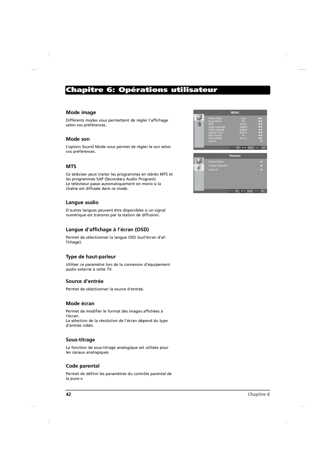 RCA J42HE820, J32HE720, J26HE820 manual Chapitre 6 Opérations utilisateur 