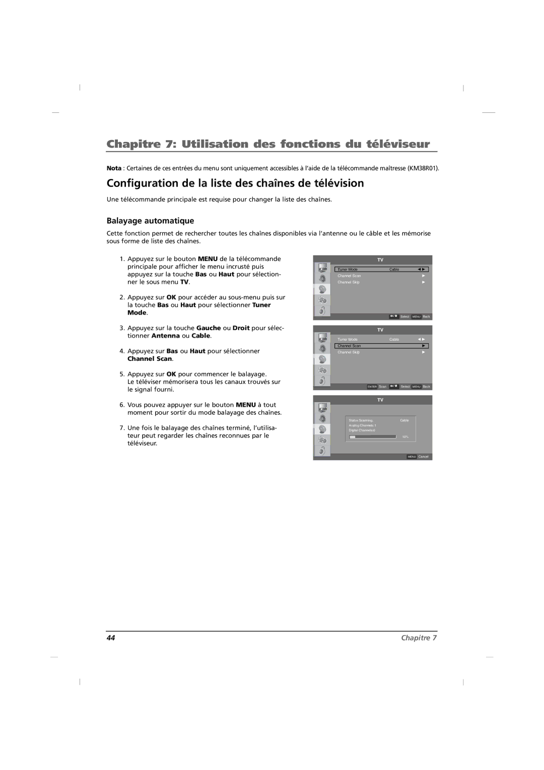 RCA J32HE720 manual Chapitre 7 Utilisation des fonctions du téléviseur, Configuration de la liste des chaînes de télévision 