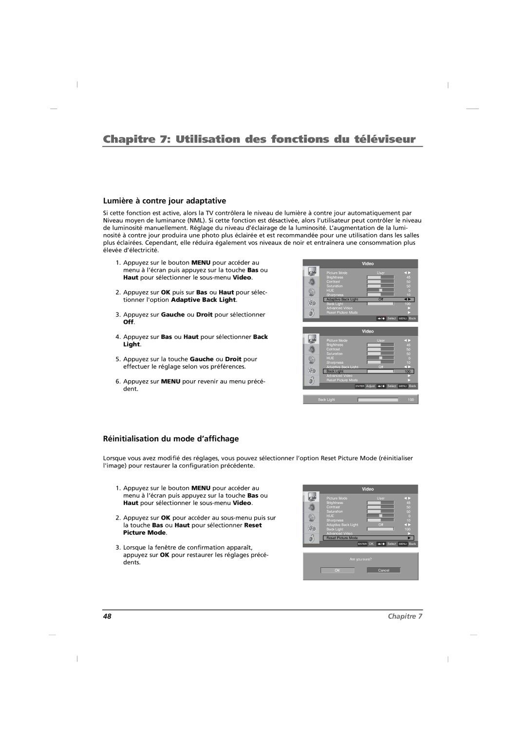 RCA J42HE820, J32HE720, J26HE820 manual Lumière à contre jour adaptative, Réinitialisation du mode d’affichage 