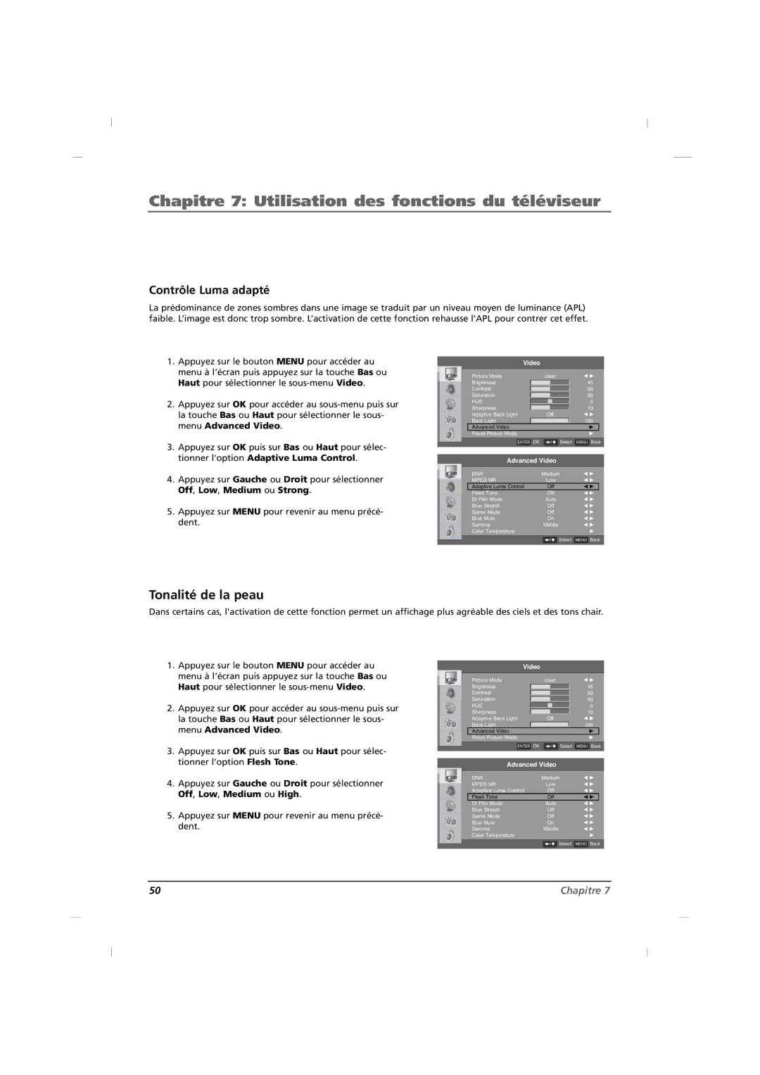 RCA J32HE720, J42HE820, J26HE820 manual Tonalité de la peau, Contrôle Luma adapté 