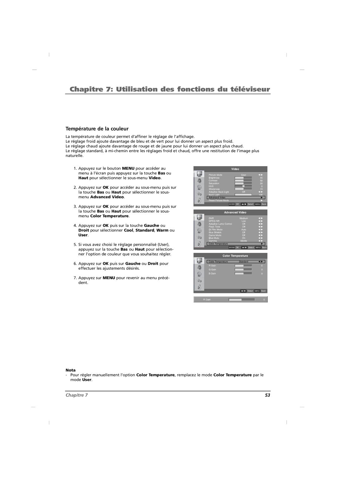 RCA J32HE720, J42HE820, J26HE820 manual Température de la couleur 