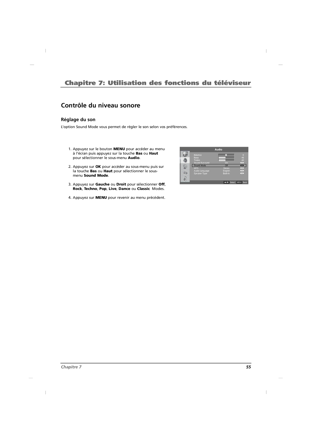 RCA J26HE820, J32HE720, J42HE820 manual Contrôle du niveau sonore, Réglage du son 