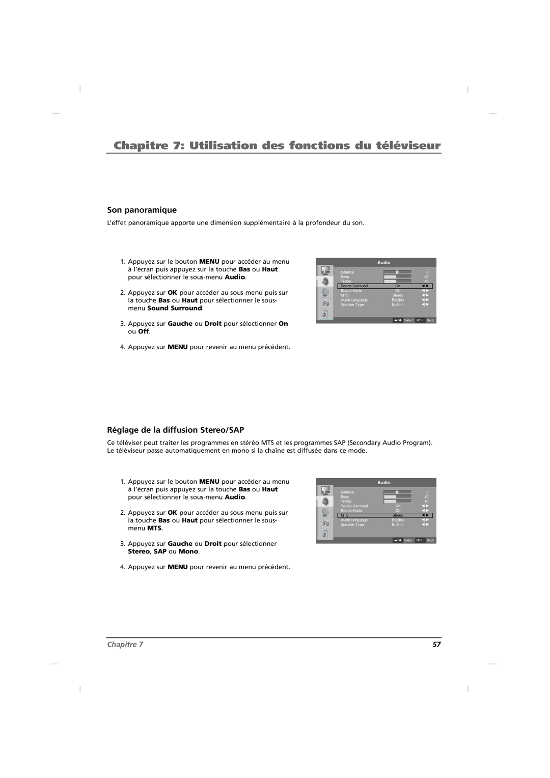 RCA J42HE820, J32HE720, J26HE820 manual Son panoramique, Réglage de la diffusion Stereo/SAP 