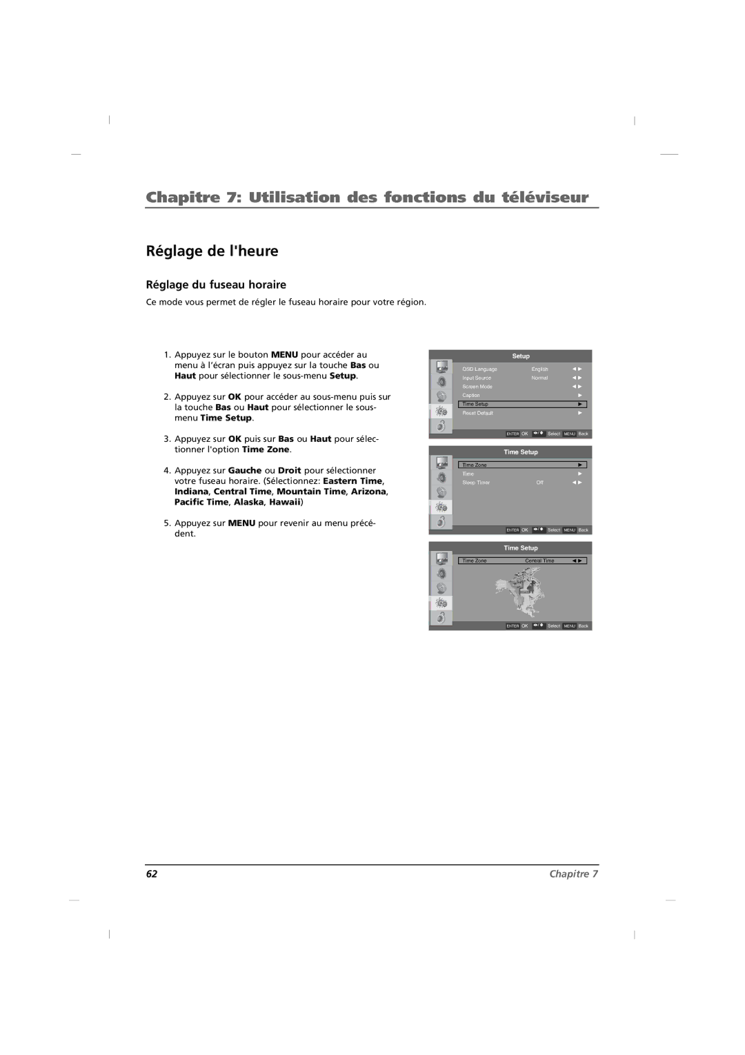 RCA J32HE720, J42HE820, J26HE820 manual Réglage de lheure, Réglage du fuseau horaire 