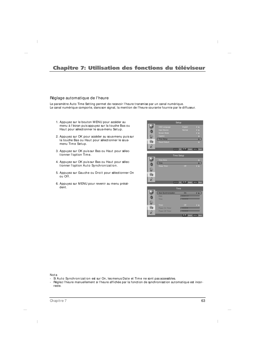 RCA J42HE820, J32HE720, J26HE820 manual Réglage automatique de lheure 